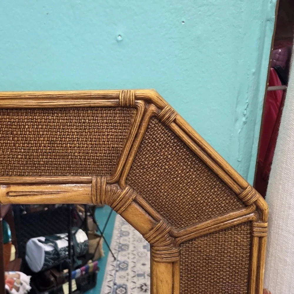 Vintage Faux Bamboo Rattan Wall Mirror MCM 70's Regency Coastal USA